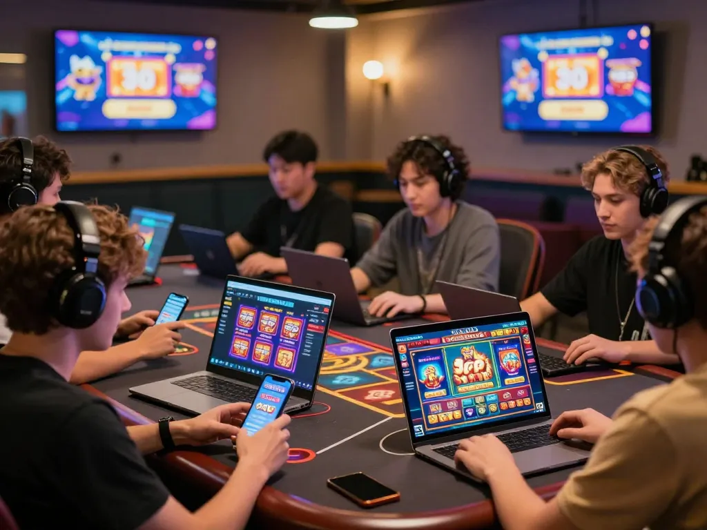 Diverse players enjoying the TG88 online gaming platform with vibrant visuals and modern devices.