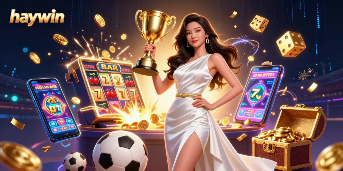 Experience the thrill of winning at haywin with a stunning illustration of a triumphant Asian woman and exciting gaming elements.