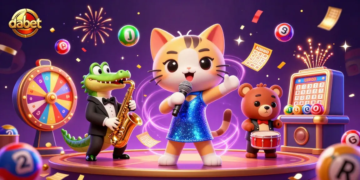 Dabet lottery scene featuring cartoon characters celebrating with dynamic colorful elements in a vibrant casino.
