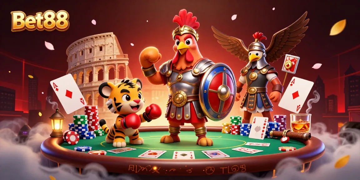 Experience the excitement of Bet88 with a lively 3D illustration featuring gambling characters in an arena.