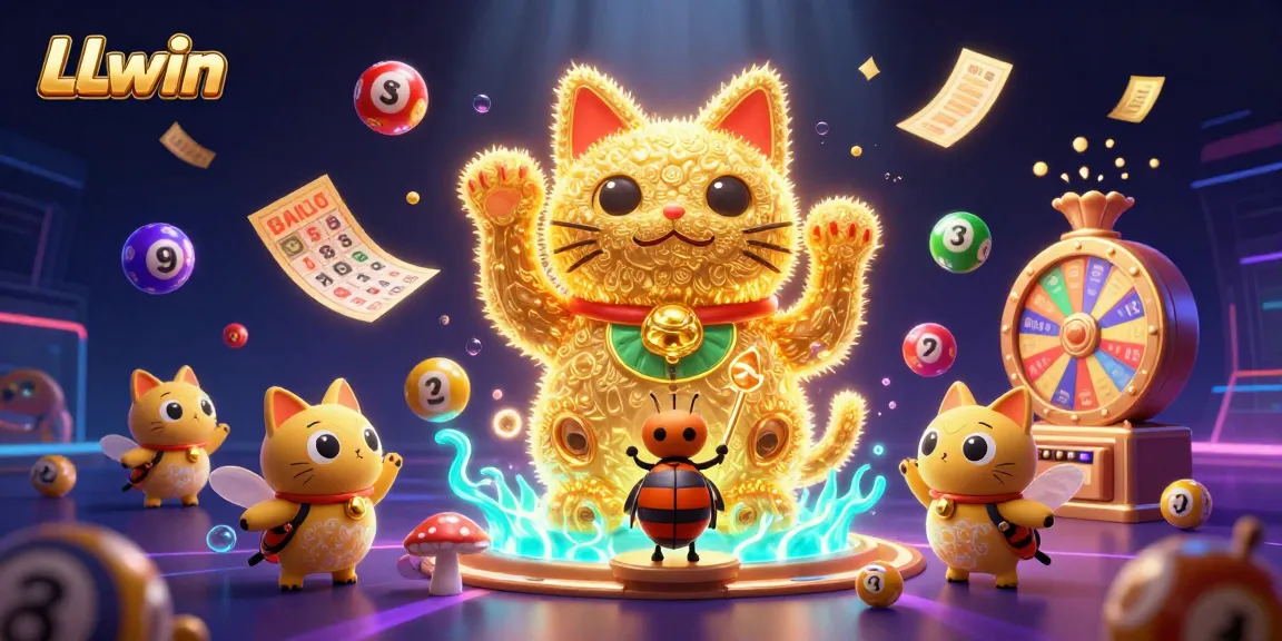 Engage with LLwin's dynamic gaming scene filled with vibrant lottery elements and a lucky cat.