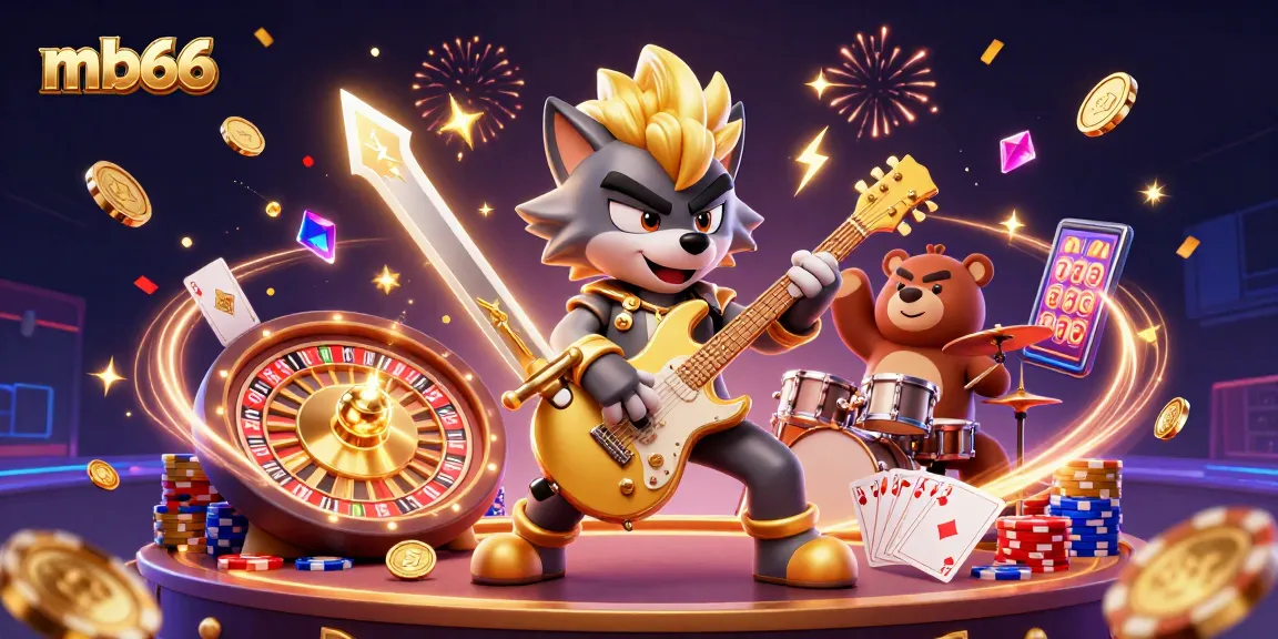 Experience the thrill of mb66 with a vibrant rock star wolf and drummer bear in a dynamic casino scene.
