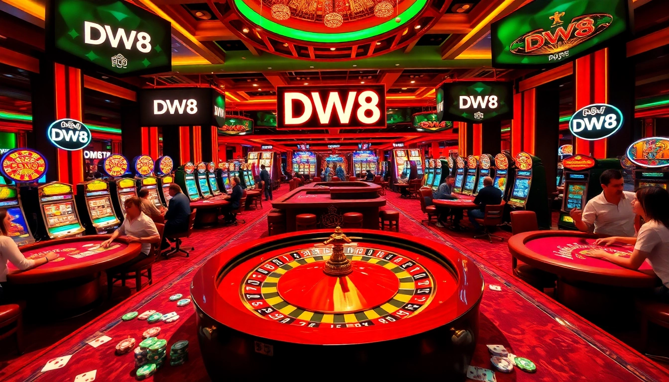Exciting gambling scene featuring the DW8 logo against vibrant casino tables and slot machines.