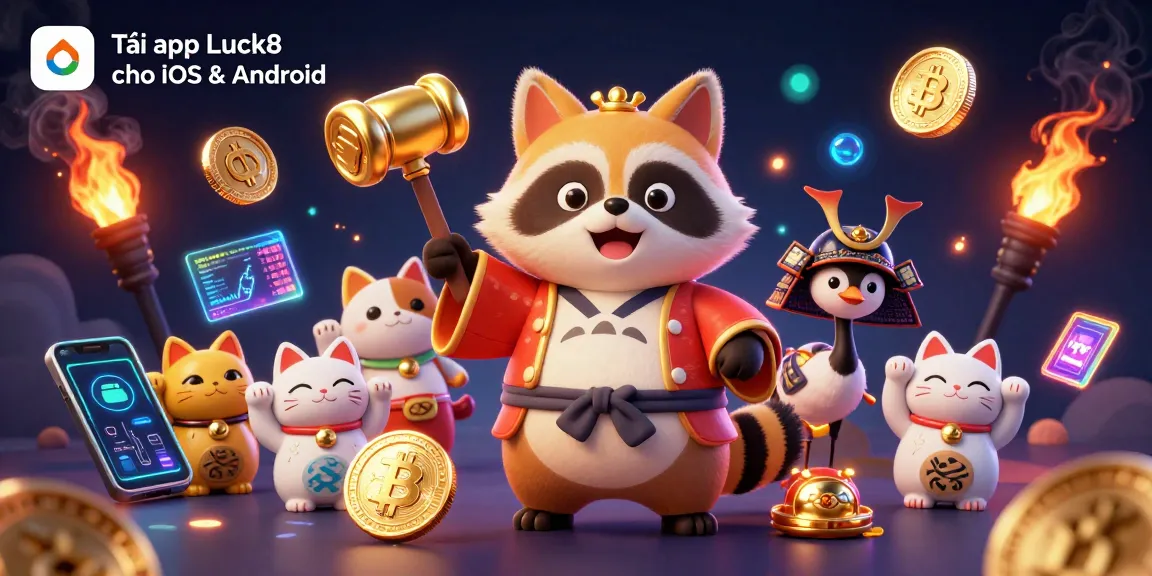 Tải app Luck8 cho iOS & Android - Experience an engaging casino scene with a cheerful tanuki and vibrant game elements.