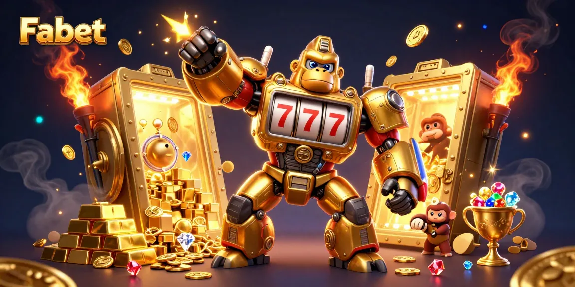 Fabet jackpot scene featuring a golden gorilla mech with coins bursting out and vibrant treasures.