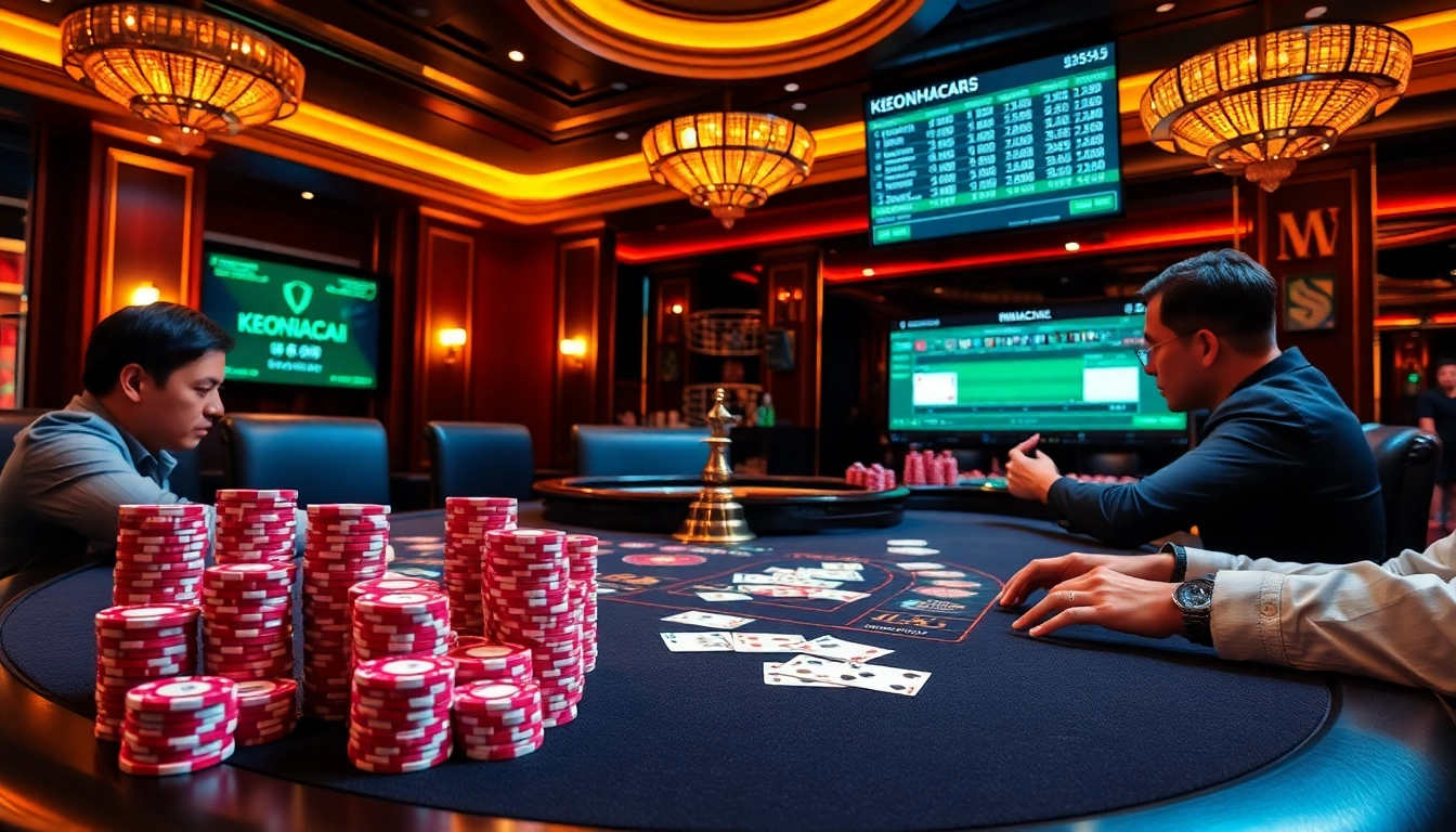 Keonhacai5 enhances the gaming experience with high-stakes betting tables and vibrant poker chips.
