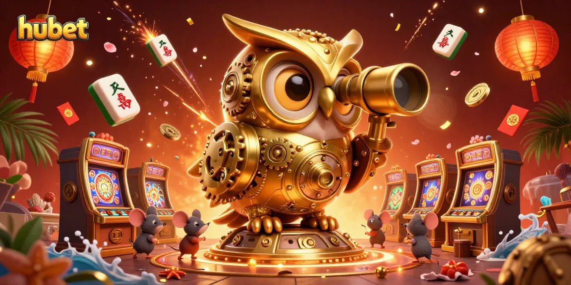 Experience the excitement of hubet with a vibrant casino scene featuring a golden owl and tiny mouse patrons.