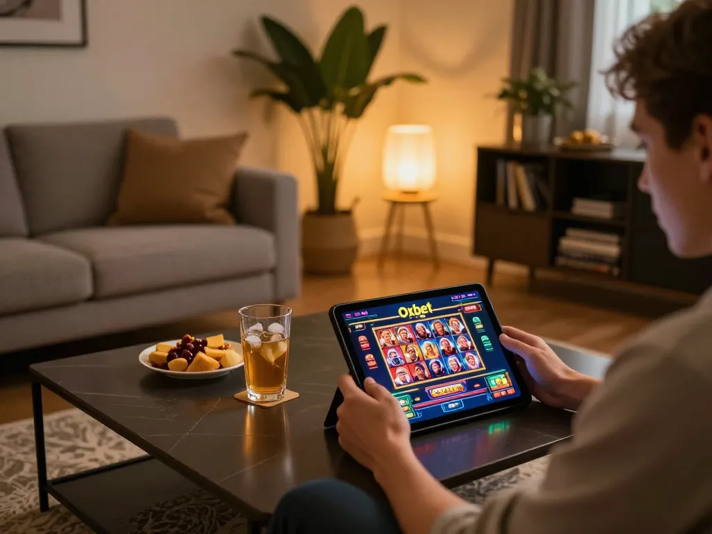Engaged player enjoying oxbet casino on tablet in cozy home setting while snacking and strategizing.