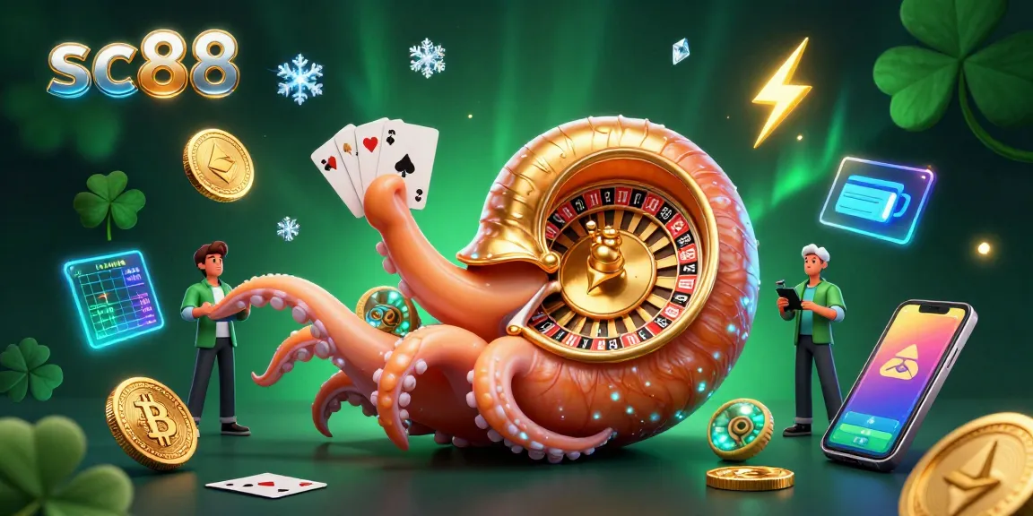 Experience immersive betting with sc88 as a giant nautilus holds poker hands amidst crypto coins and vibrant gaming elements.