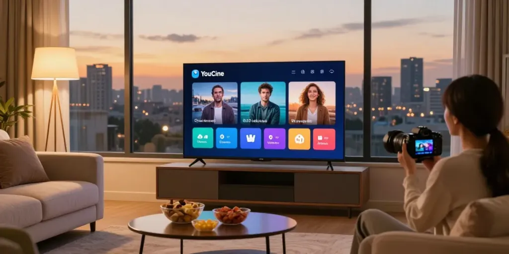 Baixar o APK do Youcine e desfrutar de filmes na sala de estar aconchegante.
