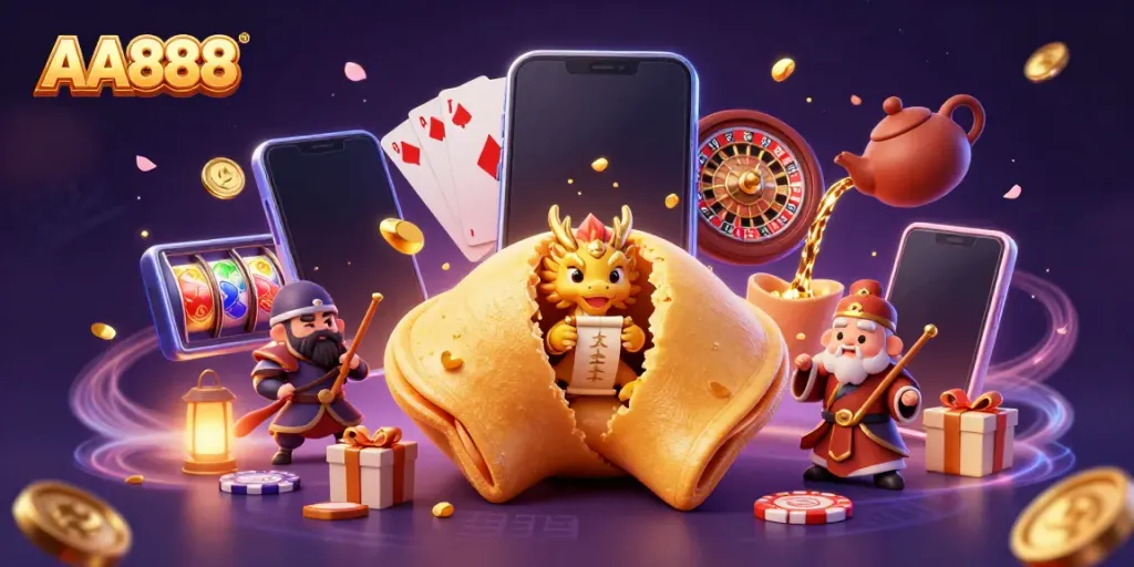Engage with AA888’s vibrant casino world, featuring golden treasures and lively gaming characters.