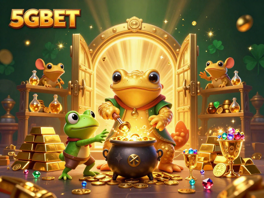 Experience the magic of 5GBET in this vibrant illustration showcasing an alchemist and assistants amid treasure.