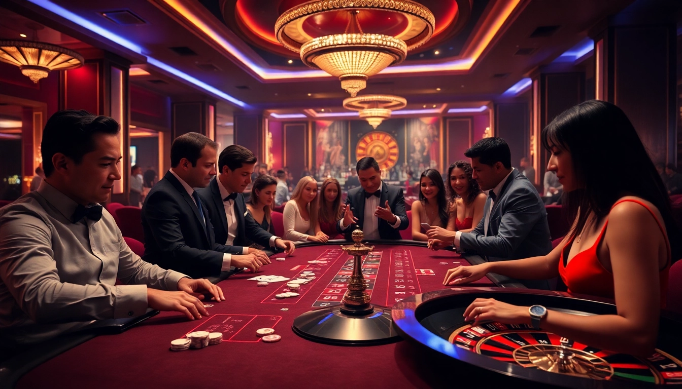 Players engaging in high-stakes poker at a glamorous casino showcasing 7hh excitement and luxury.
