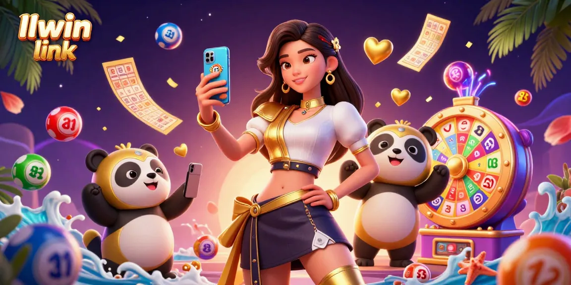 Engage with llwin link as an Asian woman enjoys a smartphone casino game with a golden panda.