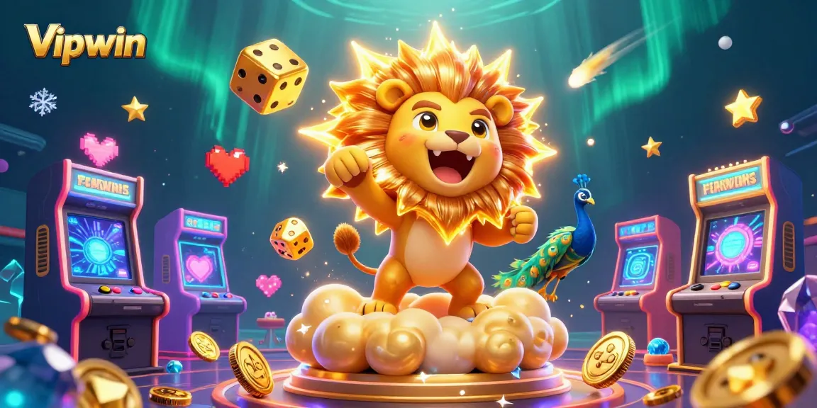 Vipwin features a vibrant 3D casino scene with a sun lion, golden dice, and game elements