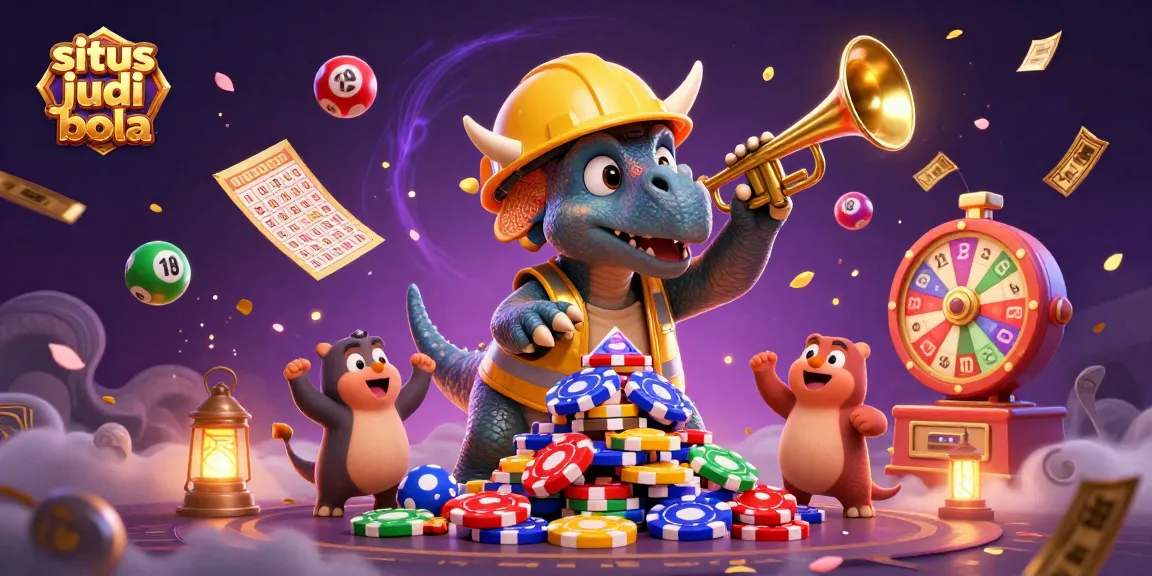 Membangun tumpukan poker chips dengan bantuan karakter triceratops dalam hard hat di situs judi bola, dikelilingi elemen kasino yang meriah