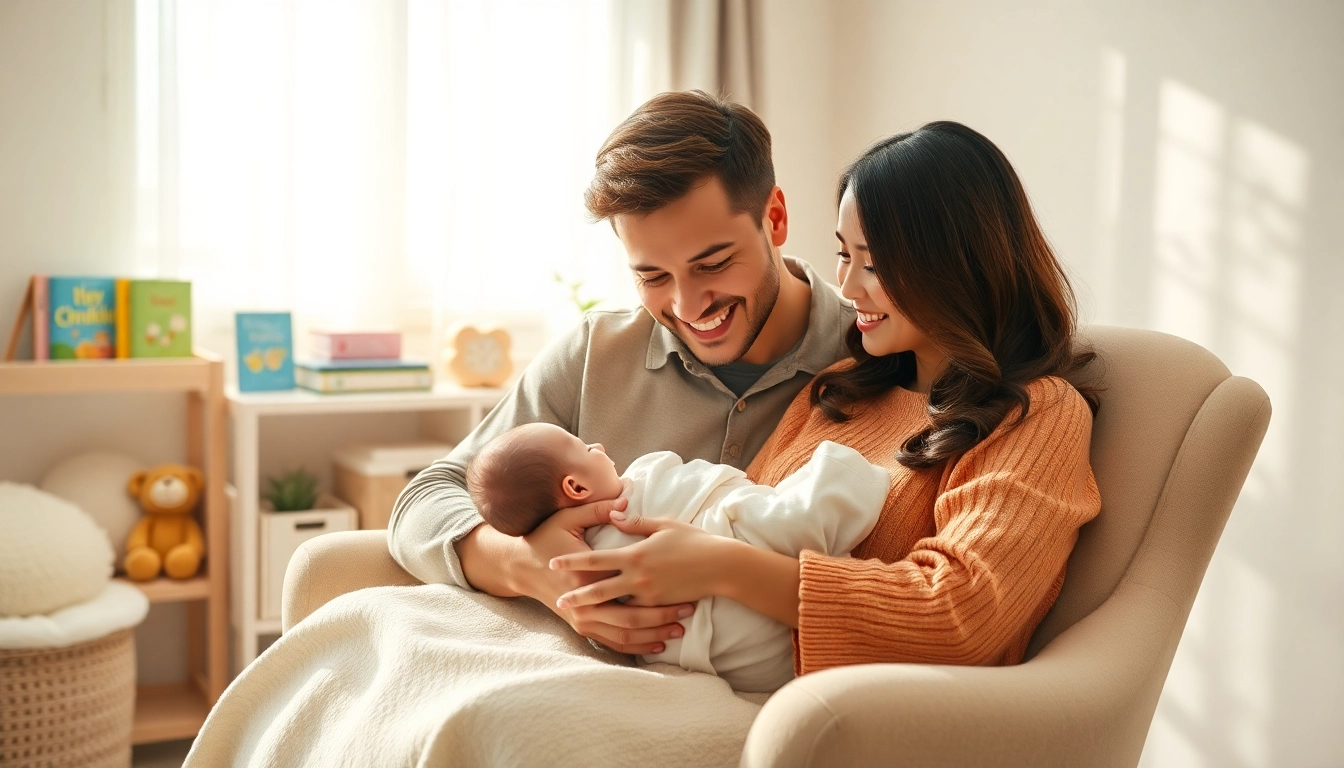 Family with new bornbaby sharing joyful moments in a cozy nursery setting.