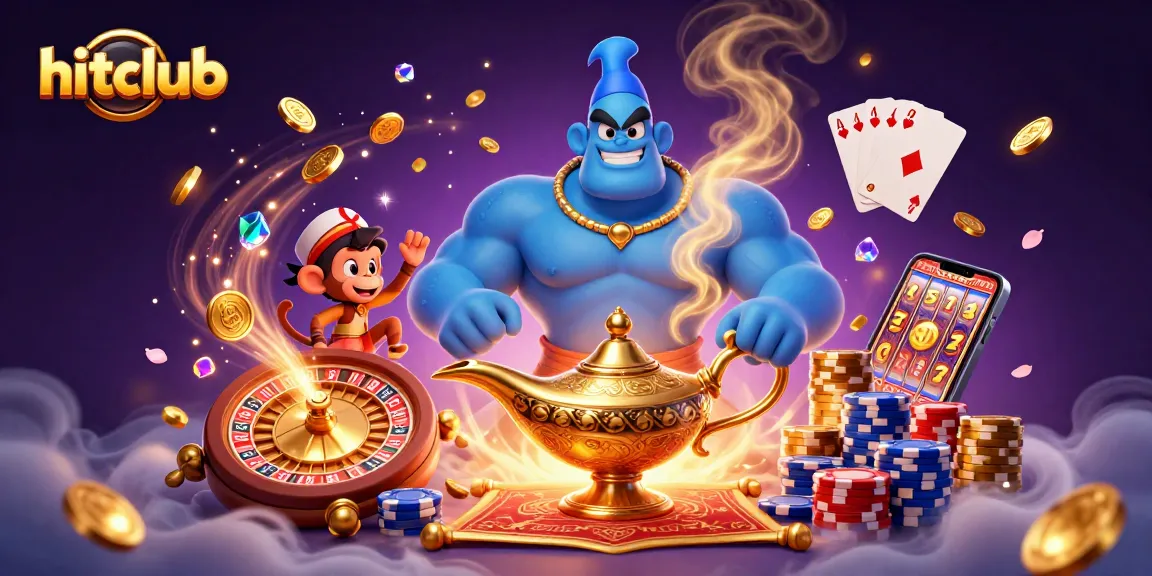 Join hitclub to unlock thrilling jackpots with a dazzling genie and magic carpet surrounded by casino treasures.