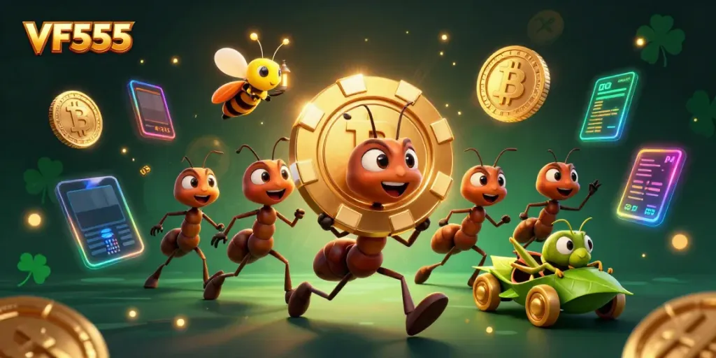 Experience thrilling heists at VF555 with animated ants and gold poker chips in this vibrant 3D casino scene.