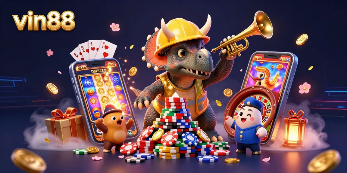 Engage with vin88 through a vibrant 3D casino scene showcasing excitement in gaming.
