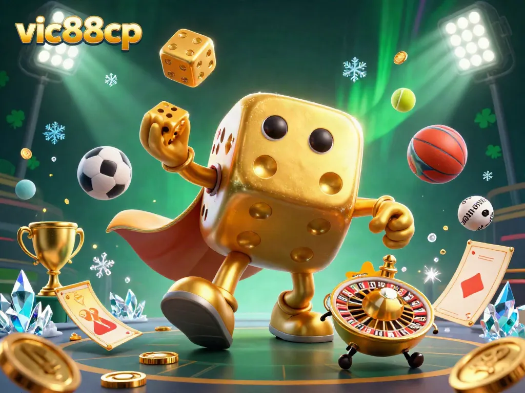 Engage with the vibrant 3D casino scene featuring vic88cp's golden dice golem and dynamic sports elements.