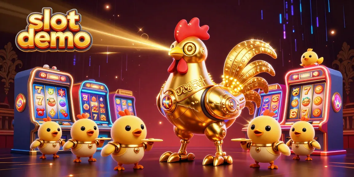 Slot demo yang menampilkan robot ayam keemasan dan drone anak ayam di lingkungan mesin slot yang berwarna-warni.