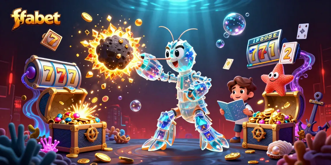 Engage with FABET's colorful slots featuring a galactic mantis shrimp battling through an asteroid for gems.