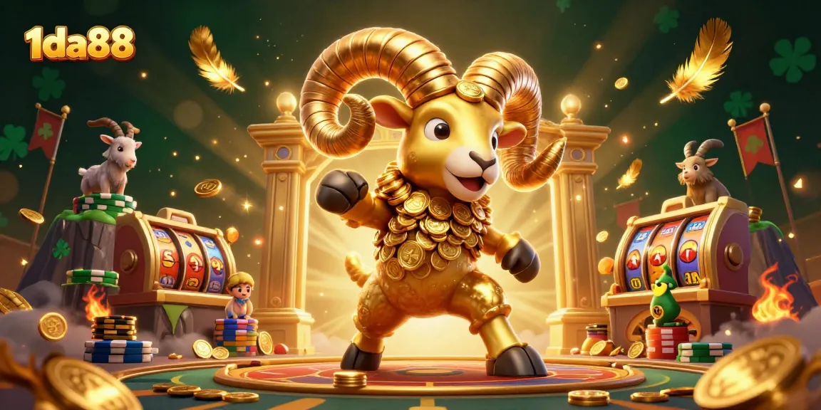Experience thrill with 1da88's golden ram charging through a vibrant casino scene.