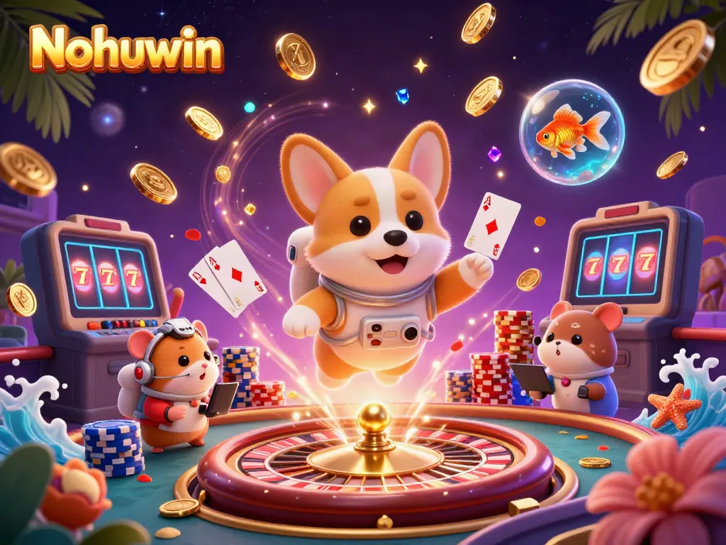 Nohuwin captivates players with a vibrant space casino scene featuring an astronaut corgi, golden coins, and interactive casino elements.