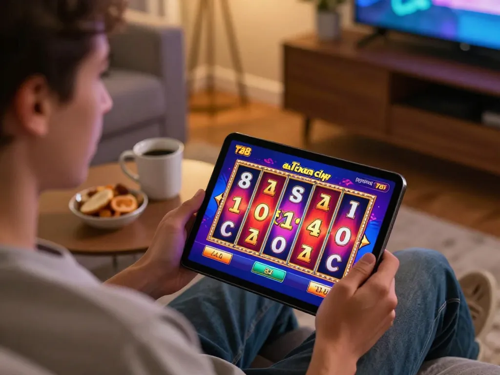 Player enjoying an engaging slot game on TV88's platform in a cozy home setting.