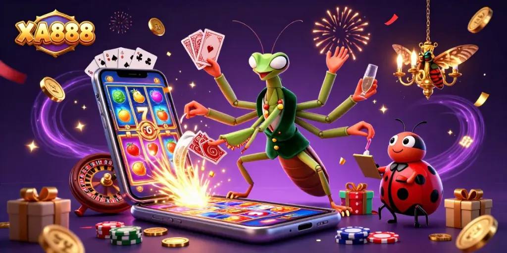 XA888 offers vibrant slot games where the giant mantis deals cards and chips dynamically.