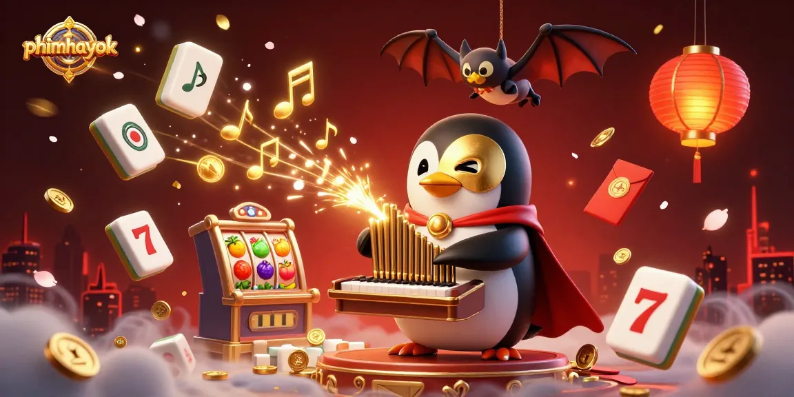 Experience thrilling gameplay at phimhayok with a vibrant 3D illustration featuring a penguin and casino elements.
