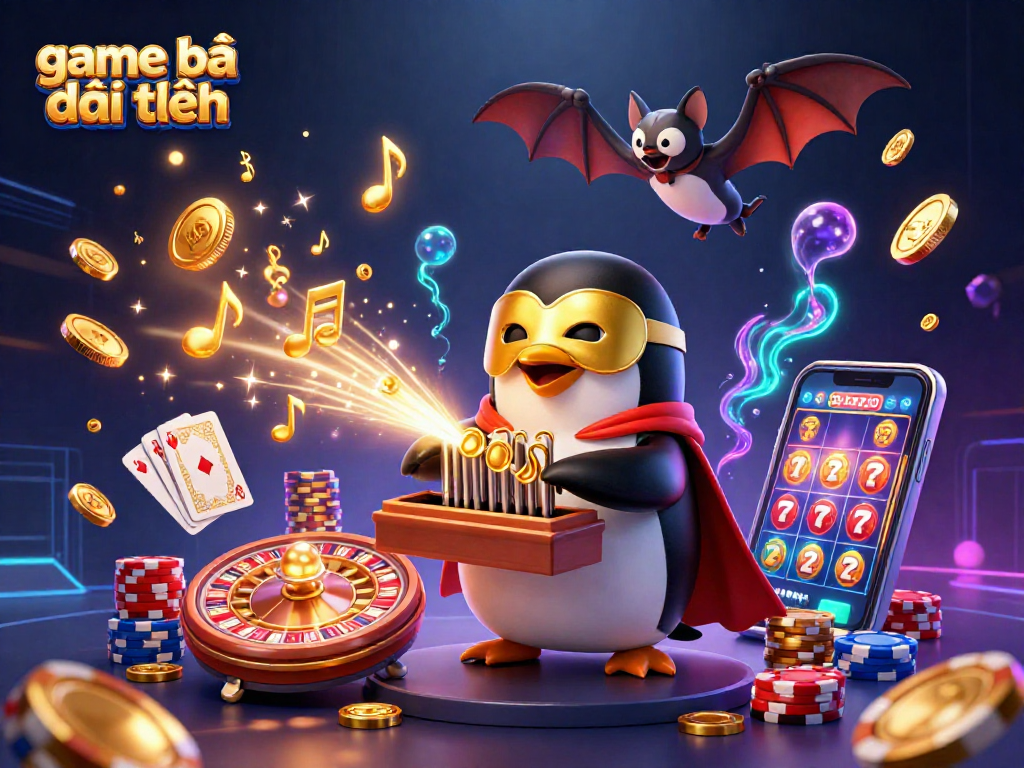 Cascading coins and vibrant imagery in a lively game bài đổi thưởng scene with a penguin and bat acrobat.