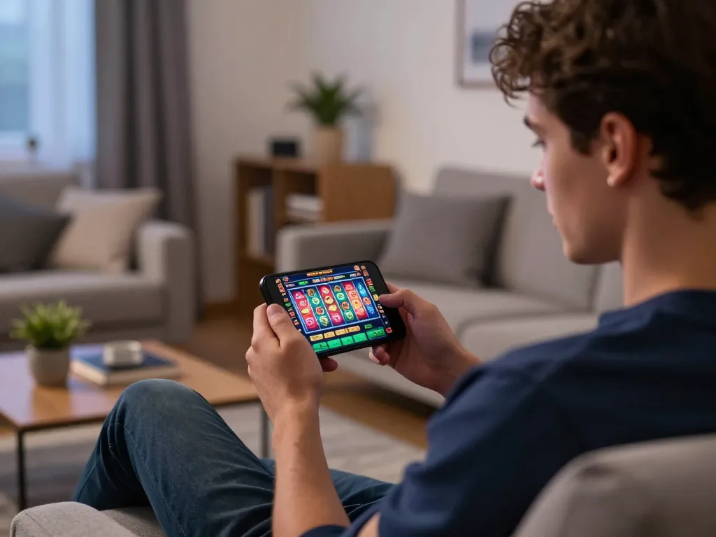 Player engaging with the jogoluck app on smartphone, enjoying a lively online gambling experience from home.