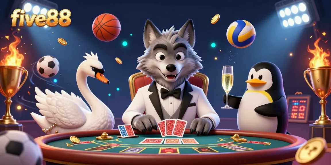 Experience five88’s vibrant casino scene with a wolf, swan, and penguin amidst dynamic sports elements.
