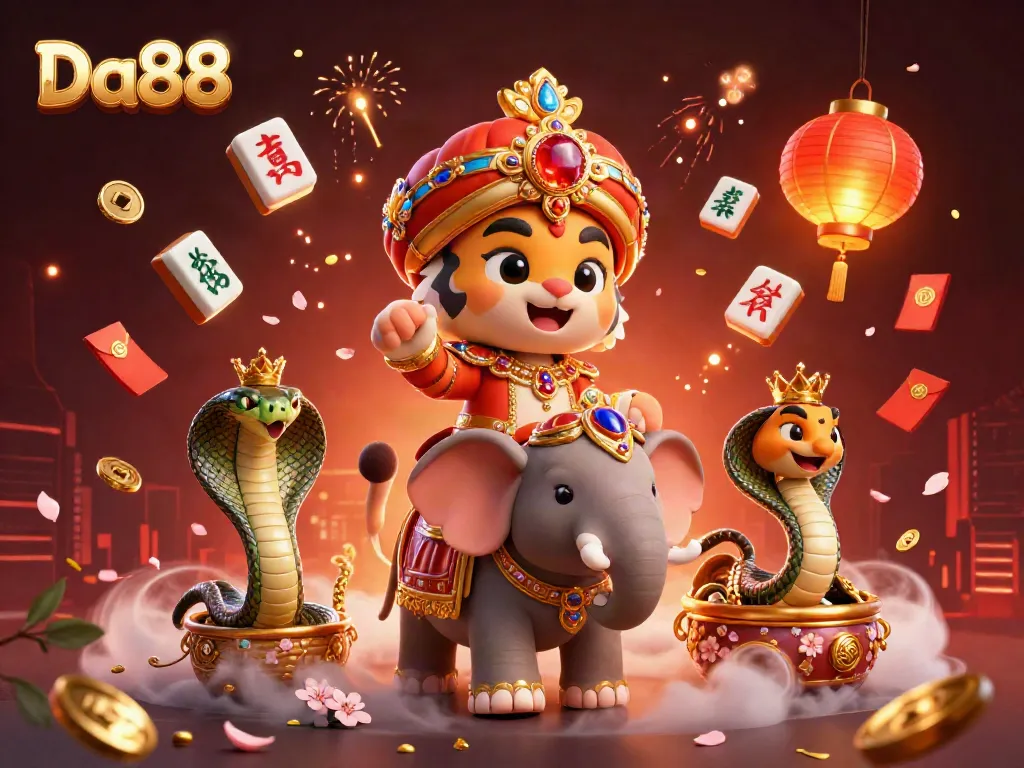 Experience the excitement at Da88 with a vibrant 3D casino illustration featuring a maharaja, elephant, and cobra.
