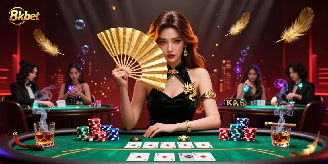 Experience vibrant poker action with 8kbet, featuring a glamorous Asian dealer and colorful poker elements.