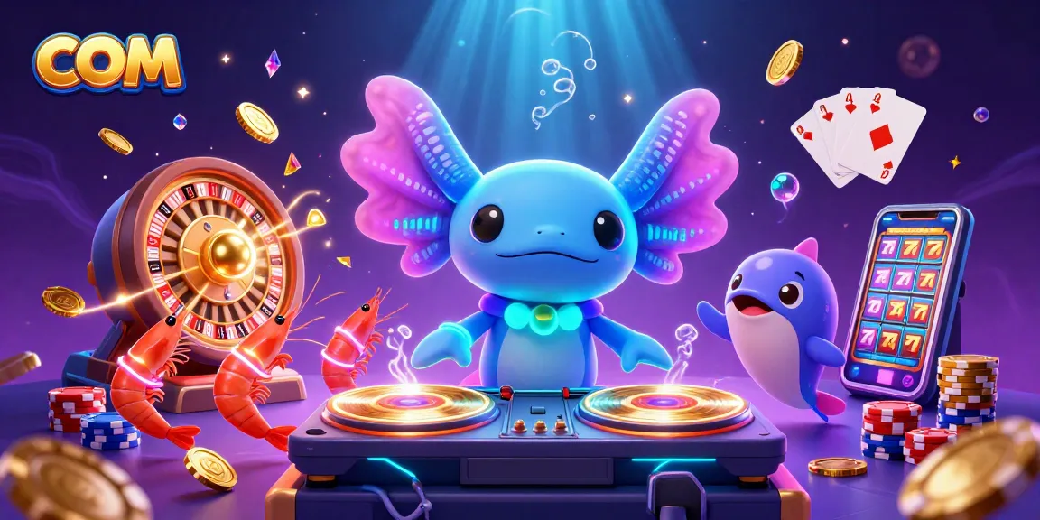 Join the axolotl DJ and friends in a vibrant casino scene filled with com and winning symbols.