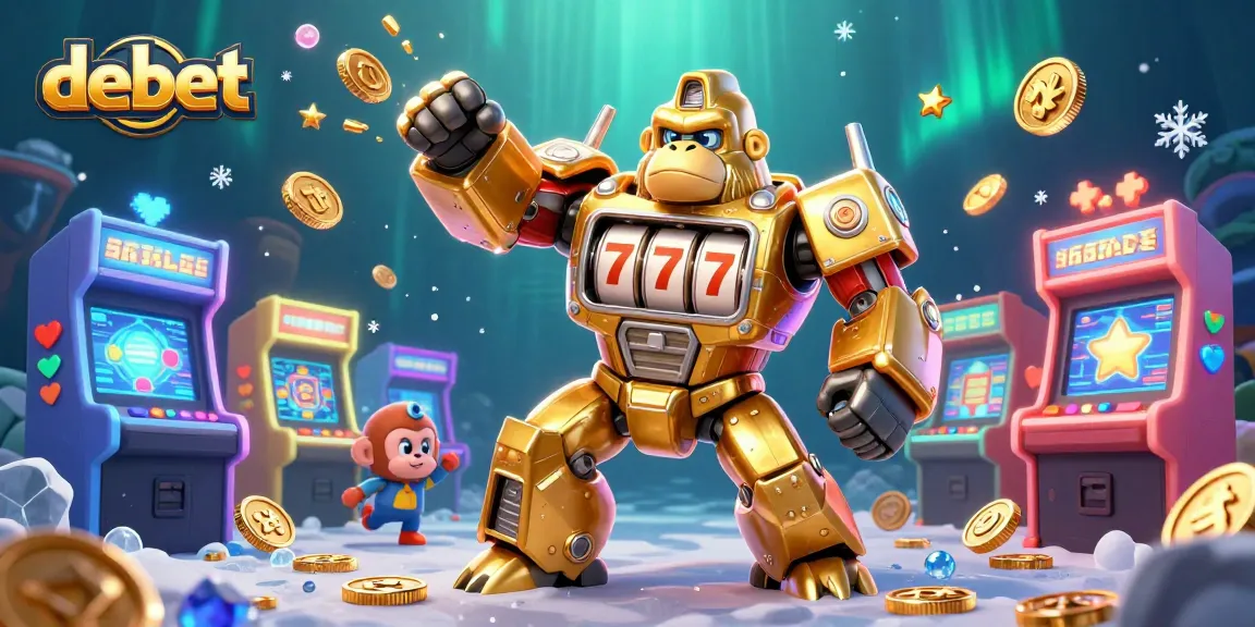 Engage with debet's thrilling online gaming experience featuring a golden gorilla mech and arcade game elements.