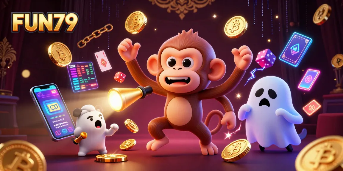 Experience thrilling gaming action with FUN79 in a vibrant casino scene featuring playful characters.