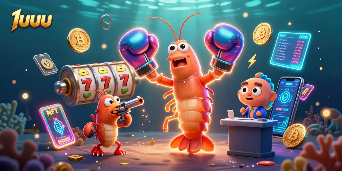 Jogando no 1uuu, uma ilustração 3D divertida com camarões e elementos de caça-níqueis e criptomoedas.