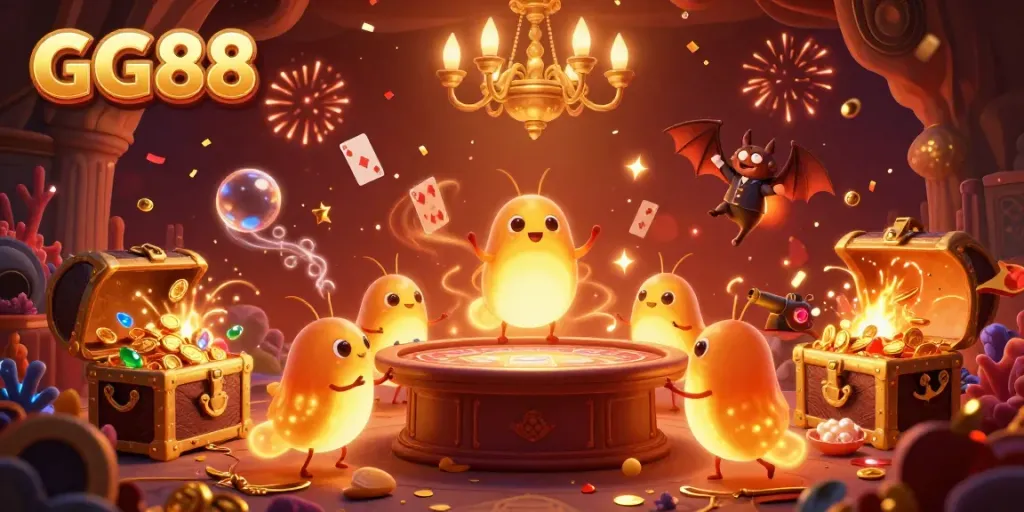 Experience the vibrant GG88 casino scene with glowworms and a bat dealer, showcasing an enchanting cave atmosphere.