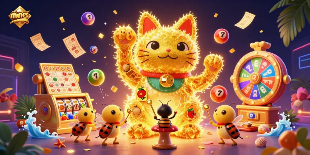 Engage with exhilarating mines casino gameplay, featuring dynamic symbols and a golden lucky cat.