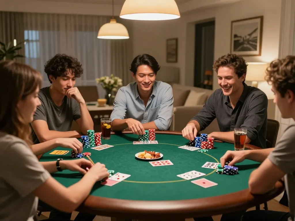 Players enjoy a spirited poker game at home while engaging with friends using the 79club platform, capturing a lively atmosphere.
