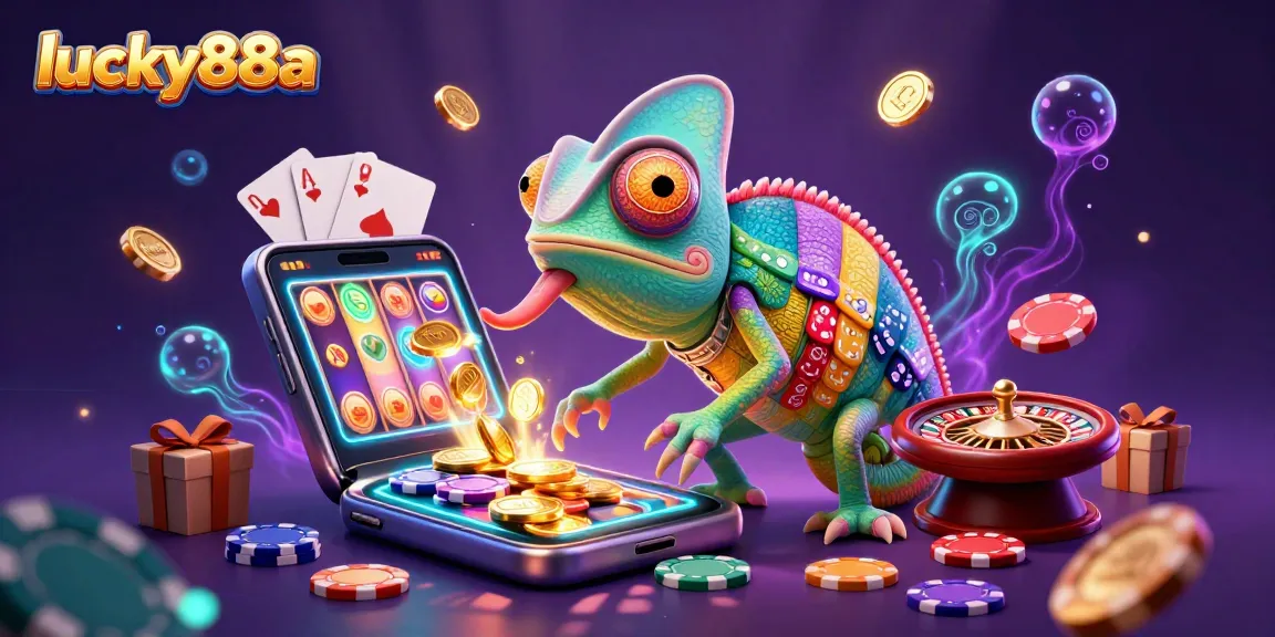Experience thrilling gameplay at lucky88a with vibrant casino elements and a colorful chameleon owner.