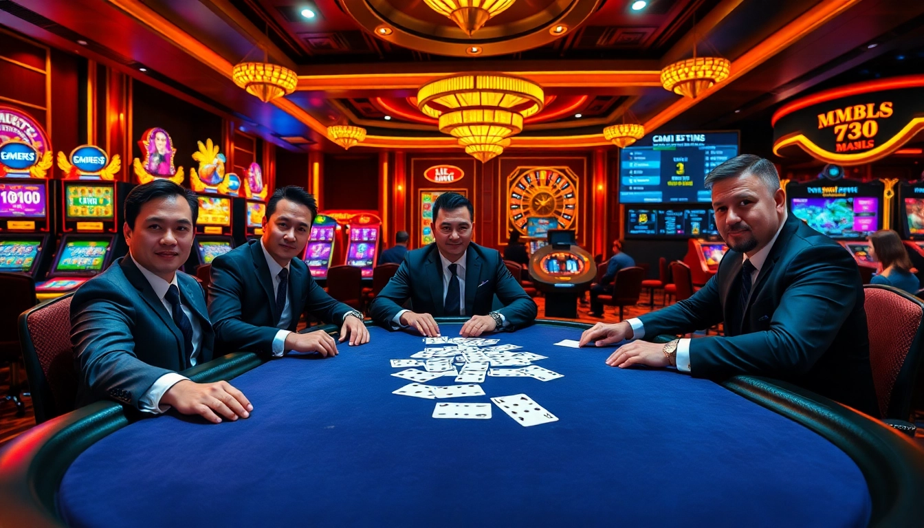 Experience thrilling gaming at https://mm88.today/ with professional gamblers at an elegant casino table.