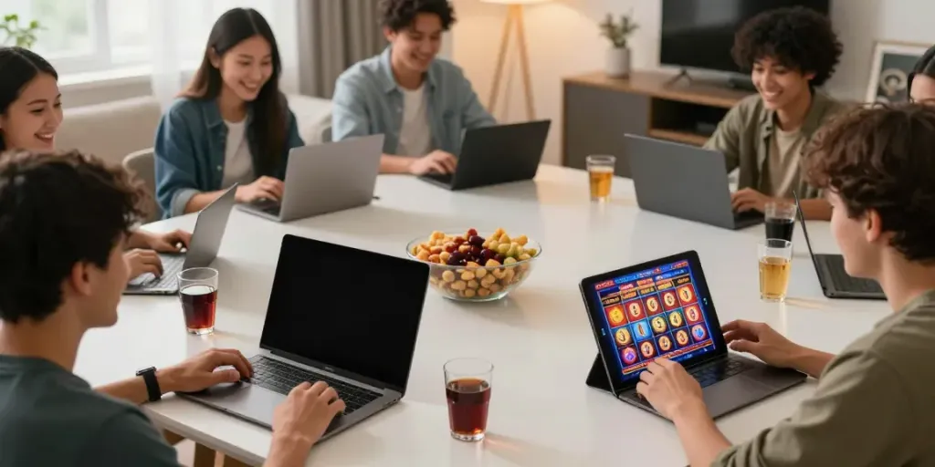 Jogadores se divertindo com Slot online em casa, com dispositivos móveis e lanches.