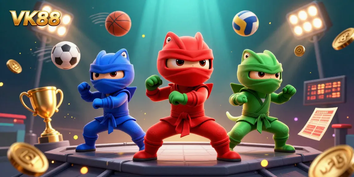 Experience betting action with VK88 in a vibrant 3D scene of chameleon ninjas and sports elements.