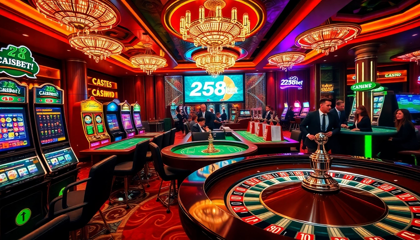 Experience the thrilling ambiance of 258bet with vibrant casino tables and exciting gaming elements.