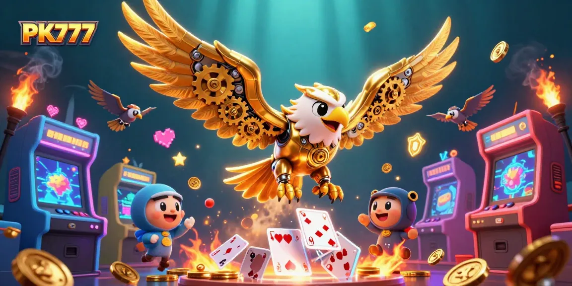 Experience the thrill of PK777 with a dynamic scene showcasing a cybernetic eagle amidst casino elements.